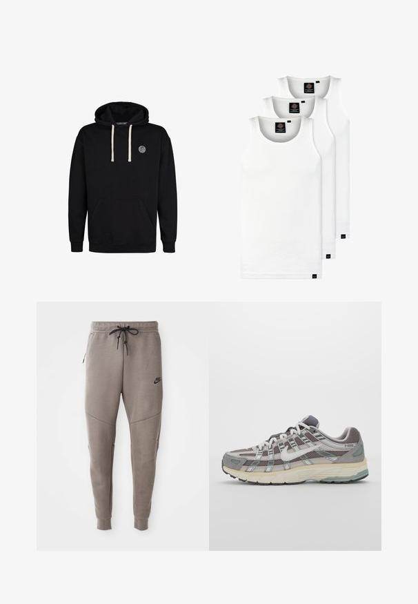 Sweatshirt noir en coton, avec une poche kangourou à l'avant, des cordons de serrage en écru et un écusson rond sur la poitrine.; Trois débardeurs blancs côtelés en coton. Présentent un col rond et de petites étiquettes noires près de l'ourlet. Disponibles en plusieurs tailles.; Pantalon de survêtement gris Nike avec une taille élastique à cordon de serrage, des jambes fuselées, des poches latérales et un détail de couture distinct. Tissu doux et texturé.; Chaussure de sport grise avec une tige en mesh et en daim, accents blancs, semelle rembourrée et un design distinctif avec des éléments réfléchissants.