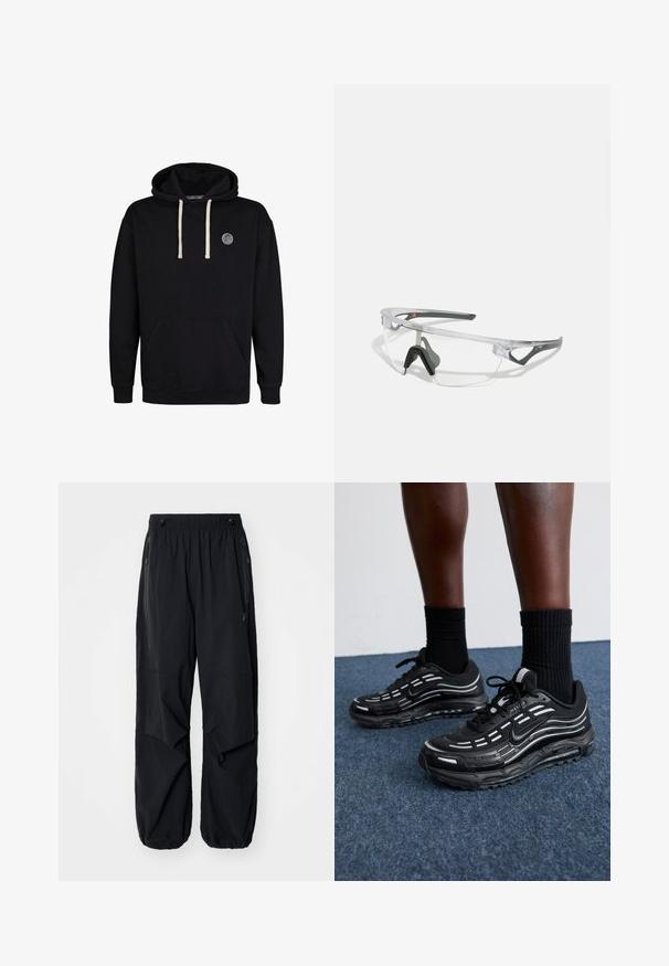 Zwarte hoodie van katoen, met een voorzak in kangoeroestijl, off-white trekkoorden en een ronde logopatch op de borst.; Zwarte lichtgewicht cargobroek met een elastische tailleband, zijritsen en ruime zakken. Heeft een losse pasvorm en taps toelopende boorden.; Zwarte Nike-schoenen hebben een bovenwerk van mesh met accentstreepjes, getextureerde veters en een zwarte rubberen zool. Draag ze met zwarte geribde sokken.; Duidelijke veiligheidsbril met een lichtgewicht, transparant montuur en grijze accenten. Bevat een rond lopend ontwerp en een verstelbare neuspiece.