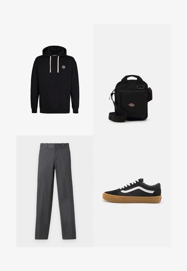 Zwarte hoodie van katoen, met een voorzak in kangoeroestijl, off-white trekkoorden en een ronde logopatch op de borst.; Grijze broek van gladde stof, met een recht gesneden ontwerp, knoopsluiting en lussen voor een riem; minimale naden en geen patronen.; Zwarte suède sneakers met witte zijkantstripes, witte veters en een gumrubberen zool. Klassiek low-top ontwerp met getextureerde accenten en een afgeronde neus.; Zwarte schoudertas met een ritszak, rechthoekige vorm, gemaakt van stof, voorzien van een logo-opdruk op de voorkant, verstelbare schouderband.