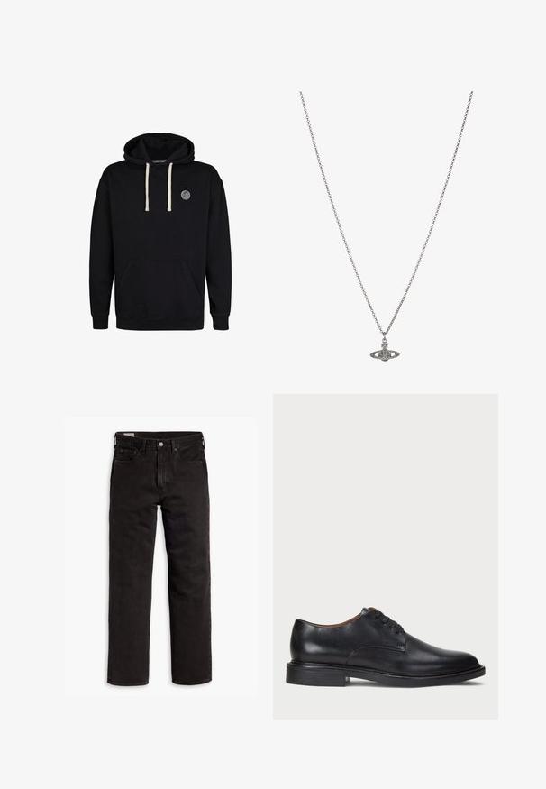 Czarna bluza z kapturem wykonana z bawełny, z przednią kieszenią kangurzą, sznurkami w kolorze off-white oraz okrągłą łatką z logo na piersi.; Czarne dżinsy proste z pięcioma kieszeniami, zapięciem na guzik i paskiem, rozłożone na białym tle.; Czarne skórzane buty wizytowe z okrągłym noskiem, sznurowanym zapięciem i niskim, warstwowym obcasem. Gładka faktura z minimalnymi detalami stębnowania.; Srebrny naszyjnik z łańcuchem z ozdobnym wisiorkiem w kształcie planety, zdobionym małymi akcentami i skomplikowanymi wzorami.