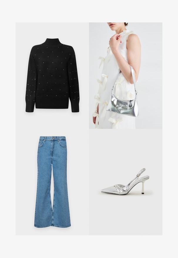 Svart pistolgenser med ribbet krage og ermer, prydet med spredte metallisk dekorasjoner over hele kroppen.; Lyseblå vide jeans laget av denim, med høyt liv, fem lommer og en enkelt knappelukking. Myk tekstur med falmet finish.; Sølv slingback høyhelte sko med spiss tå, metallisk finish, to dekorative stropper, og en slank hæl med svart tupp.; Sølvmetallisk håndveske med en strukturert form, med en topphåndtak og sløyfedetalj foran. Glatt tekstur, reflekterende overflate.