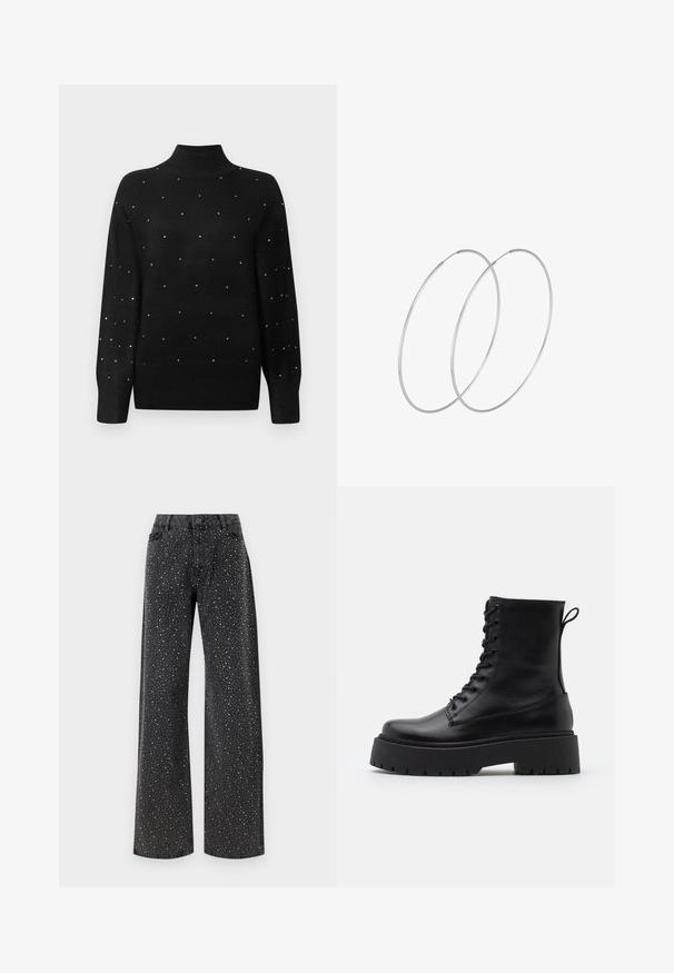 Melna turtlenecka džemperis ar ribotu apkakli un piedurknēm, rotāts ar izkaisītām metāliskām dekorācijām visā ķermenī.; Noisy May NMJANNEL LOOSE - Brīva piegriezuma džinsi - black denim; Melni ādas potītēm zābaki ar apļveida purngalu, auklām priekšpusē un biezu gumijas zoli ar teksturētu protektoru. Velkšanas cilpa aizmugurē.; Sudraba gredzenveida auskari ar minimālistisku dizainu. Cirkulāra forma, gluda tekstūra un plāns profils. Vieglu svaru ar spīdīgu apdari.