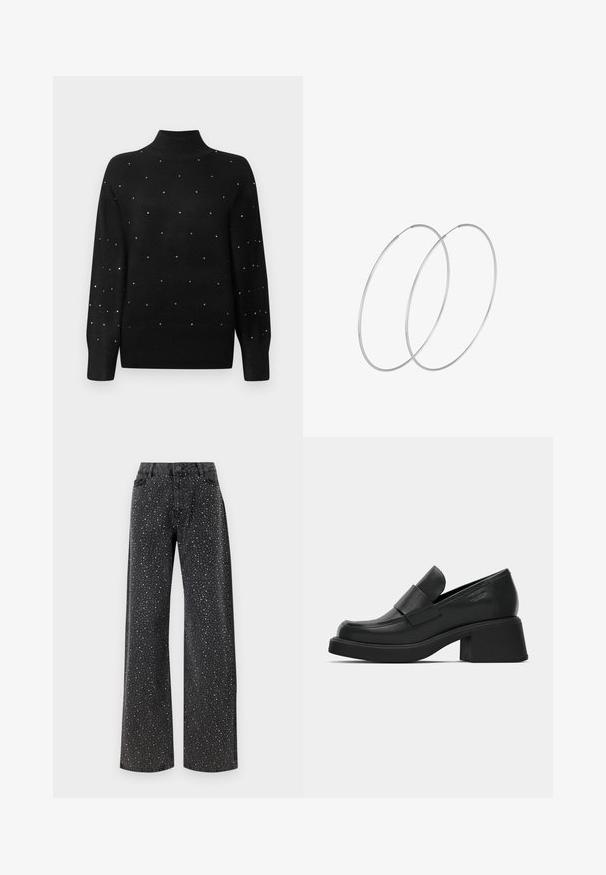 Schwarzer Rollkragenpullover mit geripptem Kragen und Ärmeln, verziert mit verstreuten metallischen Verzierungen über den gesamten Körper.; Noisy May NMJANNEL LOOSE - Jeans Relaxed Fit - black denim; Schwarze Leder-Plateau-Slipper mit runder Spitze und breitem Riemen über dem Spann. Merkmale eine klobige, quadratische Ferse und eine glatte Textur.; Silberne Creolen mit minimalistischem Design. Rundform, glatte Oberfläche und dünnes Profil. Leichtgewichtig mit hochglänzender Oberfläche.