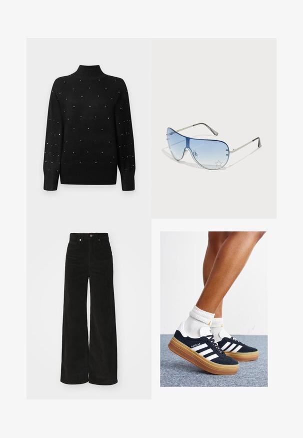 Black turtleneck sweater featuring a ribbed collar and sleeves, adorned with scattered metallic embellishments throughout the body.; Black corduroy wide-leg pants with a high waist, featuring two front pockets and a metal button closure. Textured fabric with vertical ridges.; Black suede sneakers with white stripes and accents, rounded toe, gum rubber outsole, paired with white ribbed crew socks.; Aviator sunglasses featuring a gradient blue lens, silver metal frame, and decorative star accents on the lens. Smooth and sleek design.
