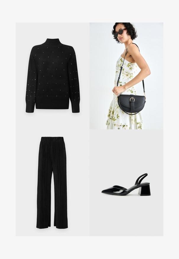 Black turtleneck sweater featuring a ribbed collar and sleeves, adorned with scattered metallic embellishments throughout the body.; Black pleated trousers with an elastic waistband. Features wide legs and a smooth, textured fabric with vertical stripes.; Black patent leather slingback heels with a pointed toe and a geometric block heel. Features a sleek, minimal design and smooth texture.; Black leather handbag with a curved shape, detachable strap, and gold hardware. The bag features a flap with a buckle detail.