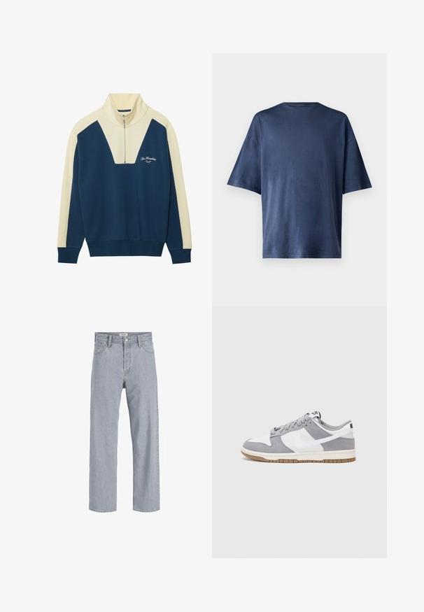 Pulover cu guler cu fermoar pe jumătate, de culoare bleumarin și crem, având un design în formă de V și textul logo pe piept. Material moale dintr-un amestec de bumbac.; Tricou navy blue cu mânecă scurtă, realizat dintr-un material moale, prezintă un guler clasic și o croială lejeră, fără modele sau accente vizibile.; Jeanși din denim bleu deschis cu o croială lejeră, design cu picior drept, cusături vizibile, două buzunare frontale și închidere cu nasture.; Sneaker gri și alb, cu un superior din suede și piele, vârf rotund, șireturi plate și o talpă din cauciuc ce prezintă un accent de culoare gum.