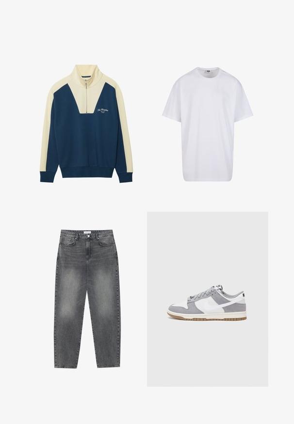 Tengerészkék és krém színű pulóver, félig cipzáros gallérral, V-alakú dizájnnal és logós felirattal a mellrészen. Puha pamut keverék anyag.; Fehér pamut póló rövid ujjal, kerek nyakú, laza szabású, és nincsenek látható logók vagy minták. Simább textúra és minimalista dizájn.; Magasan szabott, bővebb szabású farmernadrág fakó fekete denim anyagban. Öt zsebbel, övhurkokkal és tiszta, egyenes lábszár dizájnnal rendelkezik.; Szürke és fehér sportcipő, velúr és bőr felsőrésszel, kerek orral, lapos fűzőkkel és gumitalppal, amelyen rágógumi színű díszítés található.
