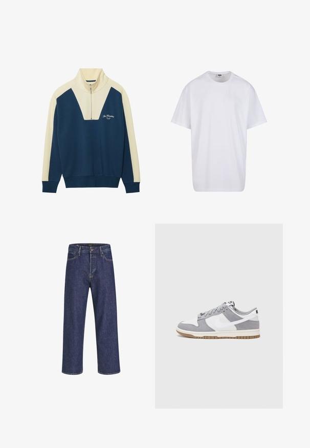 Námořnický a krémový pulovr se zipsovou poloviční límcem, s V-čkovým designem a logo textem na hrudi. Měkký materiál z bavlněné směsi.; Bílé triko z bavlny s krátkým rukávem, kulatým výstřihem, volným střihem a bez viditelných log či vzorů. Hladká textura a minimalistický design.; Tmavě modré džíny z denimu se rovný střih, designem na pět kapes, kovovým zapínáním a kontrastním šitím, s jemnou texturou.; Šedé a bílé tenisky s svrškem z jemné kůže a kůže, kulatou špičkou, plochými tkaničkami a gumovou podrážkou s akcentem v barvě gumy.