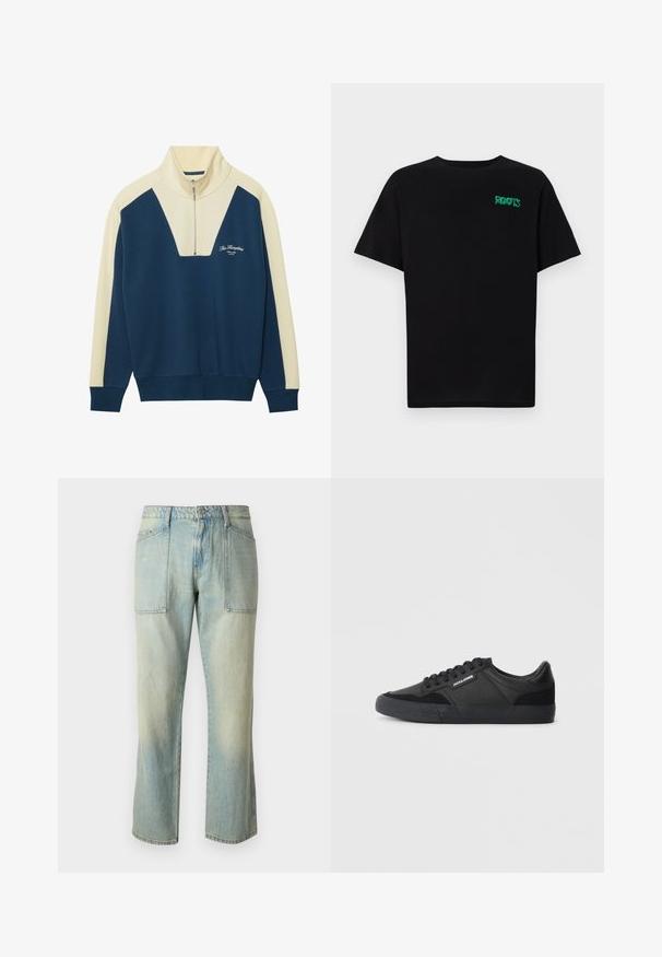 Navy and cream pullover sweater with a half-zip collar, featuring a V-shaped design and logo text on the chest. Soft cotton blend material.; Black t-shirt made of cotton with short sleeves. Features a green "ROOTS" logo on the front, round neckline, and standard fit.; Light blue denim jeans with a straight leg cut, visible stitching, and two large front pockets. The fabric has a faded texture.; Black sneakers with a mix of leather and suede materials, featuring round laces, textured rubber sole, and a brand logo on the side.