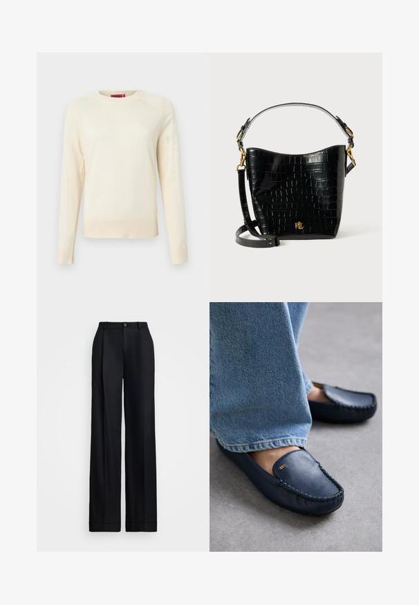 Pulover de culoare crem cu mâneci lungi, textură striată la manșete și tiv, și un decolteu rotund. Material neted și design minimalist.; Pantaloni negri cu picioare largi, prezentând un finisaj neted, față plată, bucle pentru curea și un închidere cu un singur buton la talie.; MICHAEL Michael Kors EVE - Mocasini - navy; Geantă din piele cu embossare croc neagră, cu o formă curbată, accente din metal aurit, curea ajustabilă și un detaliu cu logo în față.