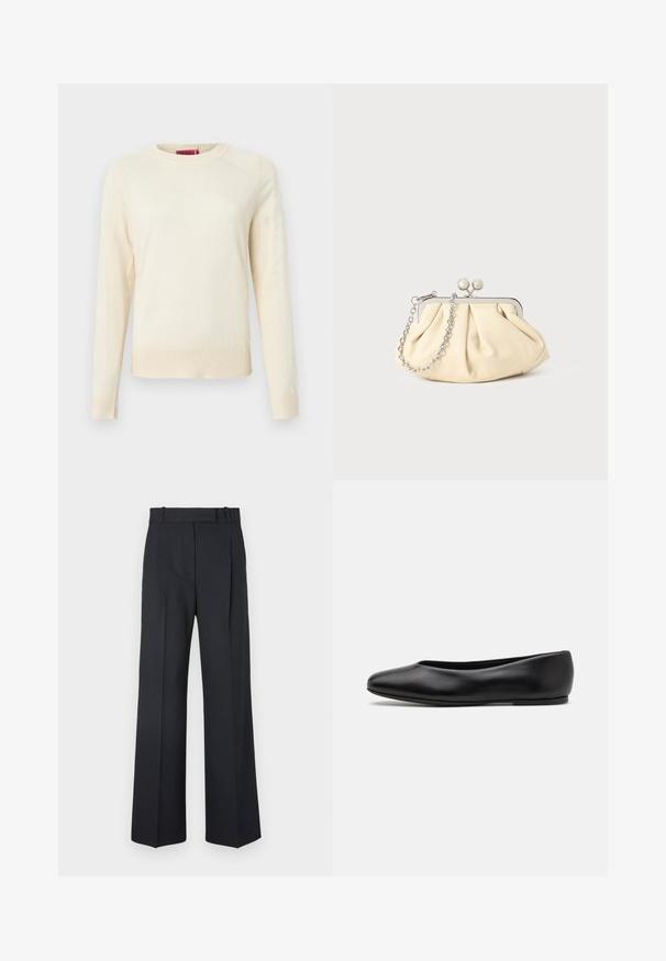 Krémový svetr s dlouhými rukávy, žebernatou texturou na manžetách a lemu a kulatým výstřihem. Hladká látka a minimalistický design.; Tmavě modré kalhoty s pruhy, vysokým pasem, širokým nohavicemi a bez viditelného kování nebo ozdob. Hladká textura a přesně padnoucí střih.; Paul Smith TOPANGA - Klasické baleríny - black; Plisovaná béžová kožená kabelka na psaní s rámem ze stříbrného kovu, vybavená dvěma kulatými dekorativními uzávěry a stříbrným řetízkem.