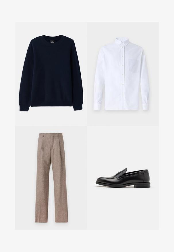 Tummansininen ribattupaita, jossa on pyöreä pääntie ja pitkät hihat. Kankaassa on teksturoitu kuviointi.; Valkoinen pitkähihaista napillista paitaa, joka on valmistettu puuvillasta. Paita sisältää rinnan kohdalla taskun, jossa on samaa sävyä oleva brodeeraus, kauluksen sekä napilliset hihansuut.; Ruskejat, korkeavyötäröiset housut, jotka on valmistettu teksturoidusta kankaasta. Ominaisuuksina ovat leveät lahkeet ja kaksi etupuolelle ommeltua laskosta rakenteen tukemiseksi. Siisti viimeistely ilman näkyvää metalliosaa.; Mustat nahkakengät, joissa on sileä pinta, pyöreä kärki ja koristeellinen nauha jalkapöydän yli. Matala pinoitu koroke, minimalistinen muotoilu.