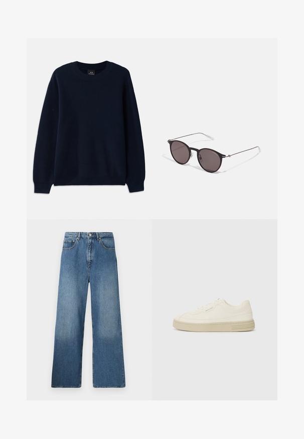 Dunkelblauer Rippenpullover mit Rundhalsausschnitt und langen Ärmeln. Besitzt ein strukturiertes Muster über den gesamten Stoff.; Breite blaue Denim-Jeans mit klassischem Fünf-Taschen-Design, Knopfverschluss vorne und leichtem Verblassen für Textur.; Weiße Leinen-Sneaker mit einer strukturierten Gummisohle, die eine gestickte Zehenkappe und ein Logo-Detail an der Ferse aufweisen. Einfaches Schnürdesign.; Schwarze runde Sonnenbrille mit dunklen Gläsern und schlanken Metallbügeln. Enthält klare Tempelspitzen und silberne Akzente am Scharnier. Minimalistisches Design.