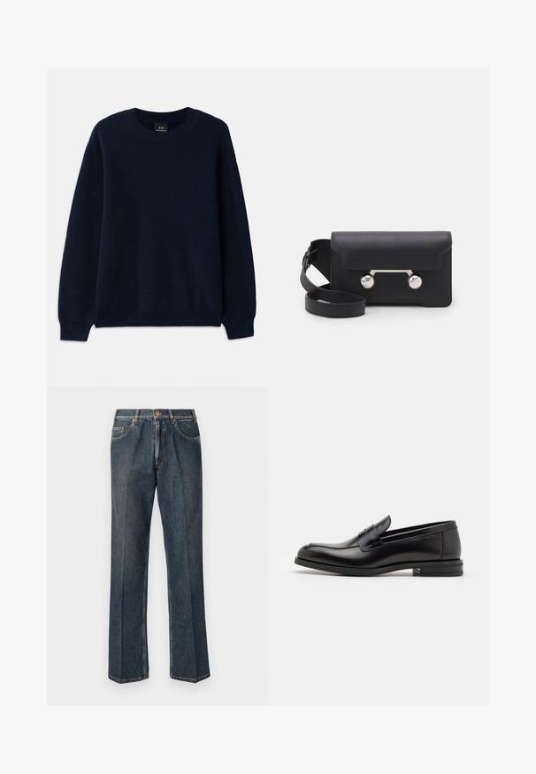 Maglione a coste blu navy con scollo rotondo e maniche lunghe. Presenta un motivo testurizzato su tutta la stoffa.; Jeans in denim blu scuro a gamba dritta con bottone frontale, zip, doppie tasche anteriori e pieghe verticali visibili lungo le gambe.; Mocassini neri in pelle con una texture liscia, punta arrotondata e una striscia decorativa sulla tomaia. Tacco basso impilato, design minimalista.; Borsa a tracolla in pelle nera con chiusura a patta, hardware in tonalità argento e due accenti tondi. Dotata di una tracolla removibile. Texture liscia.