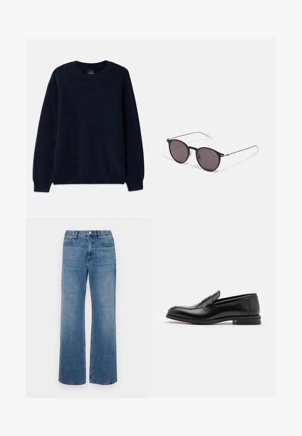 Sötétkék bordázott pulóver kerek nyakkal és hosszú ujjal. A szövet teljes felületén tekstúrált mintázattal rendelkezik.; Széles lábú, koptatott kék farmernadrág. Öt zsebből, elülső gombos záródásból és egyenes szabásból áll.; Fekete bőr loaferek sima textúrával, kerek orral és dekoratív pánttal a vampnál. Alacsony, rétegelt sarkú, minimalista dizájn.; Fekete kerek napszemüveg sötét lencsékkel és karcsú fém szárakkal. Átlátszó szárvégeket és ezüst részleteket tartalmaz az ívnél. Minimalista dizájn.