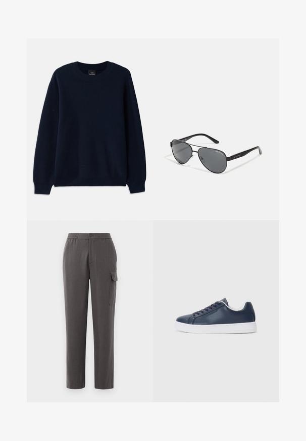 Suéter canelado azul marinho com decote redondo e mangas longas. Apresenta um padrão texturizado por todo o tecido.; Calças cinzas com um ajuste descontraído, feitas de um tecido suave. Apresentam um fecho de botão, bolsos laterais e um bolso de carga na perna.; Sneaker de couro azul-marinho com sola de borracha branca, bico redondo e atacadores a condizer. Apresenta um detalhe de logotipo subtil no lado externo.; Óculos de sol aviador pretos com lentes escuras, armação fina em metal e hastes elegantes em plástico com detalhes de logótipo.