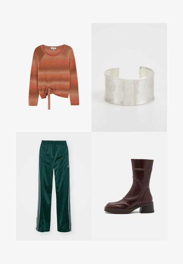 Knit pullover in warm orange and brown gradient, featuring a round neckline, raglan sleeves, and a tied hem detail at the waist.; Dark green athletic pants made of shiny material, featuring side stripes in light gray and an embroidered logo on the left leg.; MIISTA MALENE  - Platform boots - brown; Zign Bracelet - silver-coloured