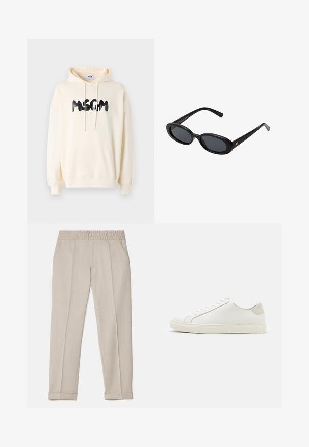 Cremfarbener Hoodie mit einer Fronttasche, Kapuze mit Kordelzug und schwarzem "MSGM"-Logo. Verfügt über gerippte Bündchen und Saum, hergestellt aus weichem Stoff.; Filippa K TERRY CROPPED TROUSERS - Stoffhose - sage melange; Weiße Leder Sneakers mit glatter Oberfläche, runder Zehenform und minimalistischem Design. Mit beigen Akzenten an der Ferse und einer Gummisohle.; Schwarze, oversized Sonnenbrillen mit ovalen Gläsern, glattem Kunststoffrahmen und goldenen Akzenten an den Bügeln. Die dunklen Gläser bieten Sonnenschutz.