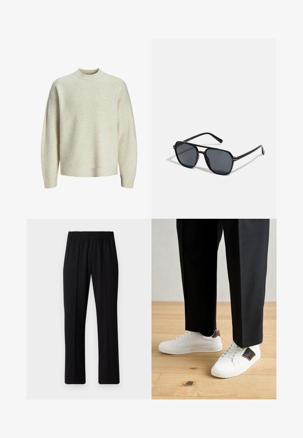 Lichtbeige gebreide trui met een gestructureerd, wafelpatroon. Heeft een hoge hals en ribgebreide mouwen en onderrand. Zachte, middelzware stof.; Zwarte, elastische broek met rechte pijpen, met een gladde textuur en zonder zichtbare patronen of hardware.; Witte sneakers met een gladde textuur, voorzien van bruine lederen accenten en zwarte details, gecombineerd met zwarte maatpakken. Achtergrond van houten vloeren.; Zwarte zonnebril met een octagonaal frame, donkere lenzen, glanzende afwerking, dunne tempels en gouden accenten aan de voorkant.