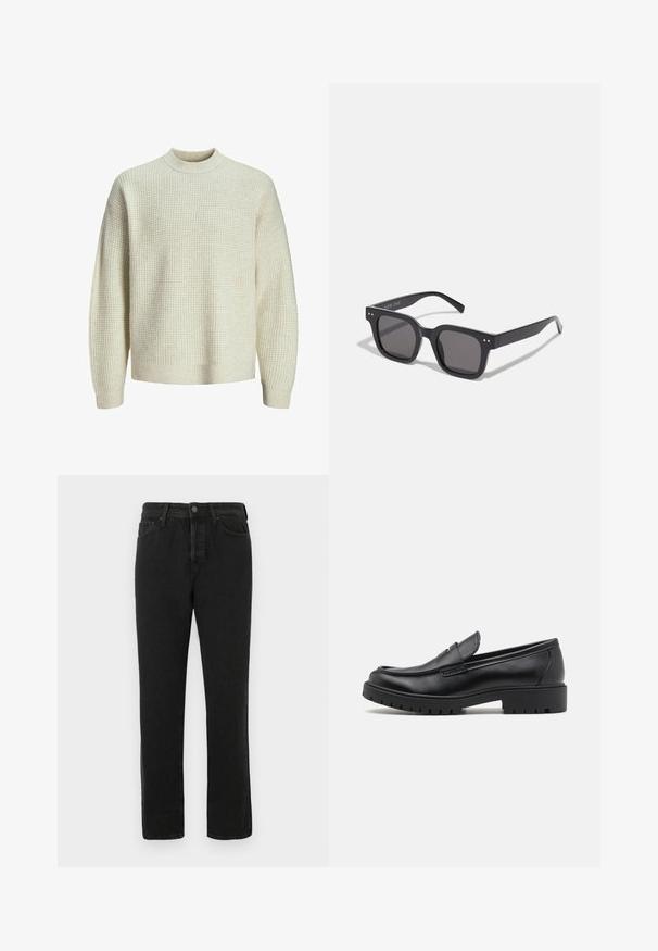 Heleda beež kaheksaknurga mustriga kudum. Omab kõrget kaelust ning ribakootud varruka- ja alläärtega. Pehme, keskmise raskusega kangas.; Mustara sirge säärega teksapüksid, millel on ees nupuga ja tõmblukuga sulgur, vöömugulad ning viie-tasku disain, esitatud valgel taustal.; Mustad musta nahast loafers, ümmarguse toe, libisemisega disain ja paks kummist tald, millel on tekstureeritud haardepind. Tõstetud kand ja peened õmblusdetailid.; Mustad mustan värvi päikeseprillid tumedate läätsedega, pakse raami, diskreetsete detailidega külgedel ning ilma nähtavate logota, peale brändinime.; Hõbe roostevabast terasest kell sinise ja punase ääristusega, tumesinine nägu, valged tunnimarkerid, kvartsmehhanism, veekindel kuni 200m ja kuupäeva näidik.