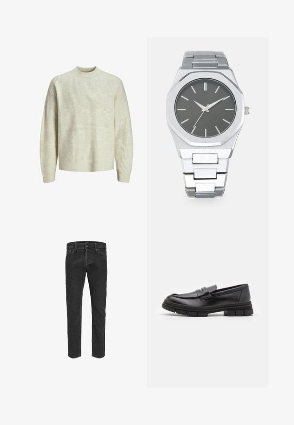 Light beige knit sweater with a textured, waffle pattern. Features a high neck and ribbed cuffs and hem. Soft, medium-weight fabric.; Black denim jeans with a straight leg design, five pockets, and belt loops, featuring a slightly faded texture and contrast stitching.; Black leather loafers with a smooth finish, featuring a front strap detail and a chunky rubber sole with grooved accents.; Silver analog watch with an octagonal case, gray dial, silver hour markers, and a stainless steel link bracelet. Minimalist design with smooth texture.