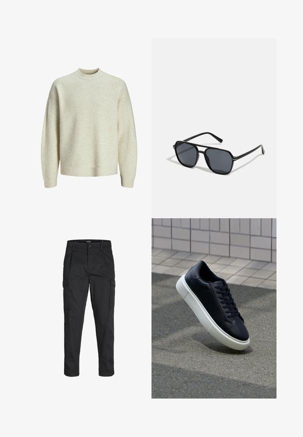 Lichtbeige gebreide trui met een gestructureerd, wafelpatroon. Heeft een hoge hals en ribgebreide mouwen en onderrand. Zachte, middelzware stof.; Zwarte cargobroek van stevig stof, met meerdere zakken, een knoopsluiting en een slim fit ontwerp met taps toelopende benen.; Zwarte leren sneaker met een ronde neus en een witte rubberen zool. Voorzien van platte veters en minimale stiksels op het bovenwerk. Textuurrijke zool voor grip.; Zwarte zonnebril met een octagonaal frame, donkere lenzen, glanzende afwerking, dunne tempels en gouden accenten aan de voorkant.