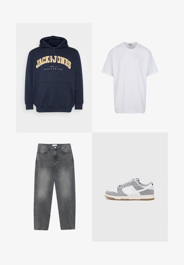 Hoodie bleu marine avec une poche kangourou à l'avant, des cordons de serrage et un graphique en texte jaune vif "JACK & JONES" au-dessus de "EST. 1990" et "WORLDWIDE."; T-shirt en coton blanc avec des manches courtes, un col rond, une coupe décontractée et sans logos ni motifs visibles. Texture lisse et design minimaliste.; Jean taille haute, décontracté en denim noir délavé. Comprend cinq poches, des passants de ceinture et un design de jambe droite épurée.; Baskets grises et blanches avec un dessus en suède et cuir, bout rond, lacets plats et semelle en caoutchouc avec une touche de gomme.