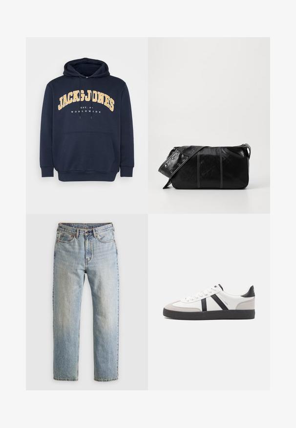 Hoodie bleu marine avec une poche kangourou à l'avant, des cordons de serrage et un graphique en texte jaune vif "JACK & JONES" au-dessus de "EST. 1990" et "WORLDWIDE."; Jean en denim bleu clair à taille haute, avec bouton avant, fermeture éclair et design à cinq poches, posé à plat sur un fond neutre.; Baskets blanches avec des accents noirs et gris, présentant un embout texturé gris, une semelle en caoutchouc noir et des lacets plats blancs. Design épuré, style minimaliste.; Sac à épaule en cuir noir avec une fermeture éclair, doté d'un corps texturé, de coutures blanches et d'une sangle avec des œillets en argent.