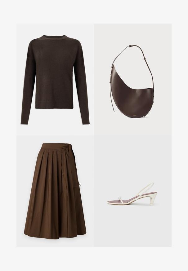 Pull en maille marron foncé à manches longues avec col rond et poignets et ourlet côtelés, présenté sur un fond blanc uni.; Jupe plissée marron en tissu au toucher lisse, avec une taille haute et un détail de nouage sur le côté pour la fermeture.; Sandales blanches à talon léger avec des fines lanières et une texture en cuir lisse ; elles sont dotées d'une petite boucle décorative.; Sac à main en cuir brun avec une forme incurvée, une seule sangle et un design minimaliste. Présente un logo subtil et des accents en hardware doré.