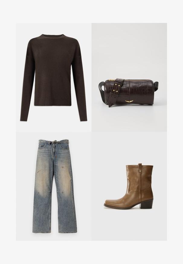 Dunkelbrauner langärmeliger Strickpullover mit Rundhalsausschnitt und gerippten Bündchen und Saum, auf einem schlichten weißen Hintergrund präsentiert.; Helle blaue Denim-Jeans mit einem lockeren, geraden Schnitt. Verfügt über Ausbleichungen, Verwaschungen und abgenutzte Details an den Knien. Klassisches Fünf-Taschen-Design.; Braune Leder-Ankle-Boots mit quadratischer Zehenform, strukturiertem Finish und niedrigem, gestapeltem Absatz. Ausgestattet mit einer Zuglasche auf der Rückseite und dezenten Stickdetails.; Braune, krokodilgeprägte Lederhandtasche mit zylindrischer Form, goldfarbener Hardware und einem abnehmbaren Tragegurt mit Nieten.