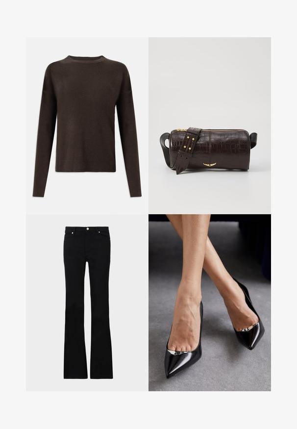 Dark brown long-sleeve knit sweater with crew neck and ribbed cuffs and hem, displayed on a plain white background.; Black flared jeans made of denim, featuring two front pockets, a button closure, and a smooth texture. Signature stitching visible at seams.; Black leather high-heeled shoes with a pointed toe and open design featuring a decorative silver accent. Smooth texture with polished finish.; Brown crocodile-embossed leather bag with a cylindrical shape, gold-tone hardware, and a detachable strap featuring studs.