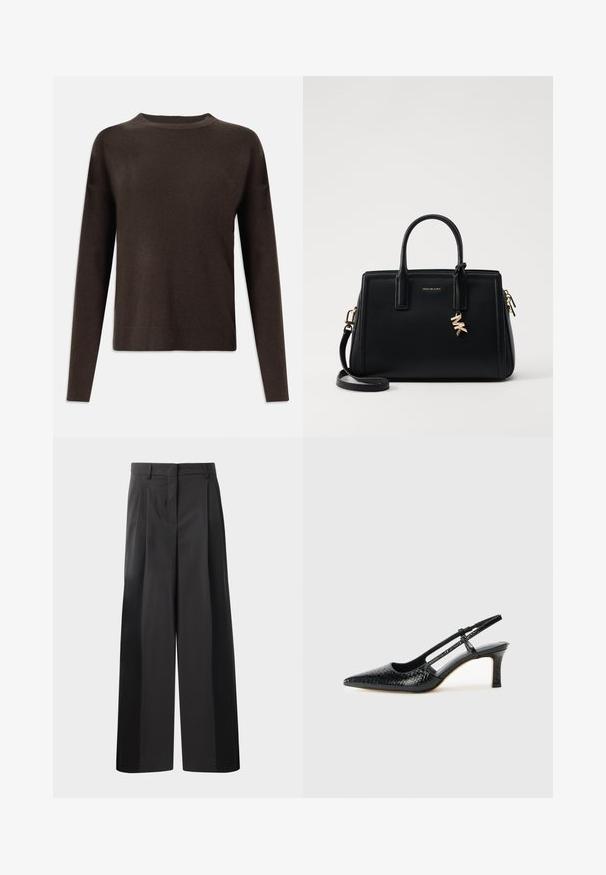 Dunkelbrauner langärmeliger Strickpullover mit Rundhalsausschnitt und gerippten Bündchen und Saum, auf einem schlichten weißen Hintergrund präsentiert.; Schwarze, weit geschnittene Hose mit hoher Taille, versehen mit Frontfalten, einer glatten Textur und einem maßgeschneiderten Finish. Entworfen für eine lockere Passform.; Schwarze Lack-Slingback-Pumps mit spitzem Zehenbereich, versehen mit strukturiertem Schlangenprint, verstellbarem Riemen und einem kurzen, strukturierten Blockabsatz.; Schwarze Ledertasche mit strukturiertem Design, doppelten oberen Griffen, abnehmbarem Schulterriemen, goldfarbenen Beschlägen und einem Logo-Anhänger.