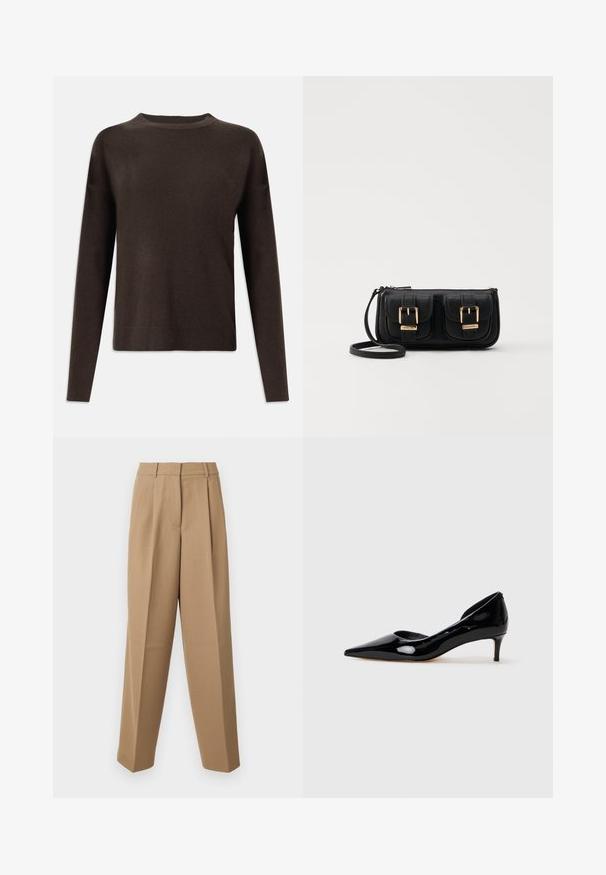 Donkerbruine lange mouwen gebreide trui met ronde hals en geribbelde manchetten en zoom, weergegeven op een effen witte achtergrond.; Beige op maat gemaakte broek met een hoge taille, geplooide voorkant en wijde pijpen. De stof lijkt glad met een lichte glans.; Zwarte lakleren damespuntige kitten heel schoenen met lage hak, weergegeven in profiel op een effen lichtgrijze achtergrond.; Zwarte leren schoudertas met twee vo pockets, gouden gespen, ritsluiting en een smalle band. Tekstuur oppervlak en compacte rechthoekige vorm.