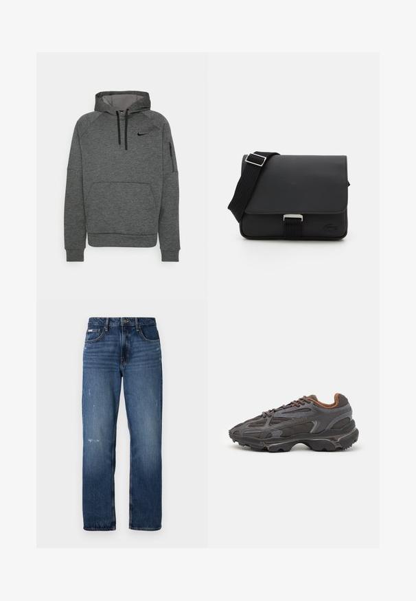 Pelēks džemperis ar teksturētu apdari, ar priekšējo kabatu, kapuci ar auklu un sānu kabatu ar rāvējslēdzēju. Nike logo uz krūtīm.; Zilas džinsu bikses ar taisnu kāju dizainu. Iezīmējas ar izbalējusiem laukumiem un vieglu nolietojumu priekšpusē, kā arī klasisku pogu aizdari.; Lacoste kedas tumši pelēkā krāsā ar acu audumu un sintētisko materiālu, ar teksturētu zoli un brūniem akcentiem apkaklītē un zīmola uzrakstā.; Melna vēstuļu soma, kas izgatavota no teksturēta materiāla ar aizdares vāku, regulējamu siksnu un metāla furnitūru. Iezīmē logo detaļu priekšpusē.
