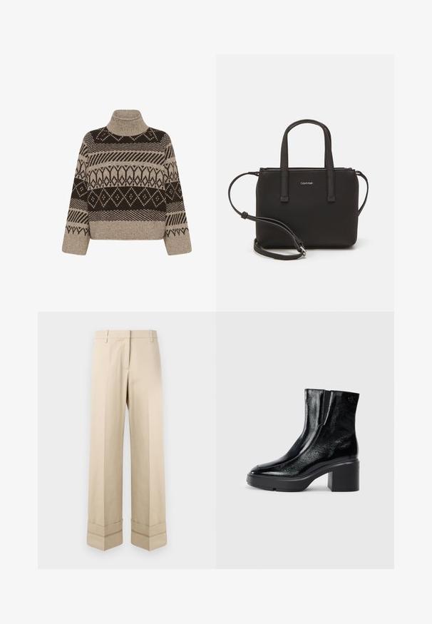 Knit pulover z lažnim turtleneck-om, ki vključuje geometrijski vzorec v temno rjavi in bež barvi, z rebrastim robom in manšetami.; Bež hlače s ravnim krojem, ki imajo dvojni rob na robu in ravno sprednjo zasnovo. Narejene so iz gladkega, trpežnega materiala.; Črne lakirane gležnjarje z ukrivljenim nosom, elastičnimi stranskimi paneli in debelim blokastim peto. Imajo vtisnjen logotip na zadnjem delu.; Črna torbica z dvema kratkima ročajema in odstranljivim naramnim trakom. Gladek usnju podoben material z zadrgo in podrobnostmi z logotipom.