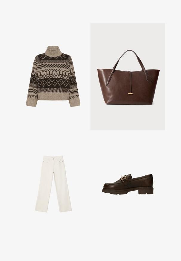 Maglione lavorato a maglia con colletto a lupetto, caratterizzato da un motivo geometrico in marrone scuro e beige, con orlo e polsini a coste.; Jeans bianchi a gamba larga in denim, con vita alta, tasche anteriori e chiusura con bottone. Design pulito e minimal con pochi dettagli.; Mocassini in pelle marrone con finitura testurizzata, dotati di suola spessa e dettaglio in fibbia metallica sul ponte. Design semplice e funzionale.; Borsa a spalla in pelle marrone con due manici, forma strutturata e un semplice accento in oro. Texture liscia con un sottile motivo a grana.