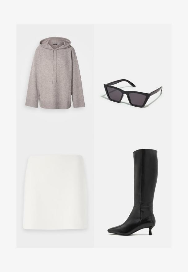 Light gray oversized hoodie with a drawstring, ribbed hem, and textured knit pattern. Features wide sleeves and a large front pouch.; White, fitted mini skirt with a smooth texture and clean lines. No visible patterns or hardware. Straight hem at the bottom.; Zign Boots - black; Black, angular sunglasses with gray lenses; made of plastic, featuring thick arms with a smooth surface and no visible hardware.; Black suede clutch bag with a zip closure and detachable wrist strap. Features gold-tone hardware and a smooth, matte texture.
