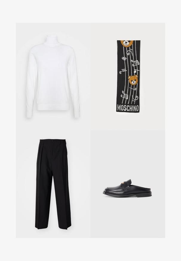Witte coltrui met lange mouwen, gemaakt van een zachte stof. Heeft een aansluitend ontwerp en geribde manchetten en zoom. Geen patronen of accenten.; Zwarte geplooide broeken met een rechte, brede pijpontwerp. Gemaakt van soepele stof, met een knoopsluiting en riemlussen.; Zwarte leren instapschoen met een ronde neus, lage hak en geweven ontwerpdetails op de bovenkant. Kenmerkt zich door een minimalistische stijl en een gladde textuur.; Zwarte gebreide sjaal met twee bruine berenhoofden, muzieknoten en de tekst "MOSCHINO" in het wit aan de onderkant. Zachte textuur met gedetailleerd ontwerp.