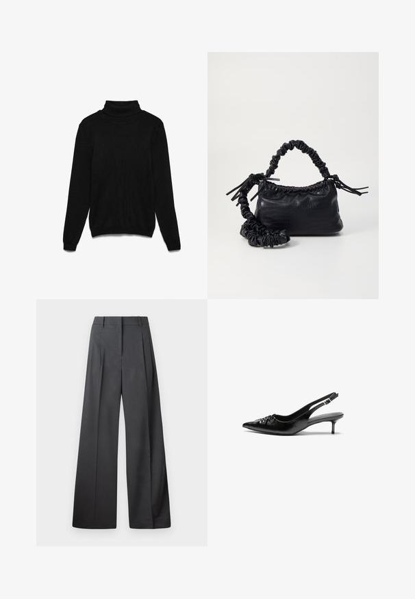 Fekete garbó pulóver kötött anyagból. Hosszú ujjú, bordázott gallérú, és laza fazonú. Nincs rajta semmilyen minta vagy díszítés.; Széles szárú nadrág sötétszürke anyagból, magas derekú, egyes redőkkel, sima textúrával és tiszta befejezéssel a szegélyeken.; Fekete bőrből készült, pántos magassarkú cipő hegyes orral, alacsony cicás sarokkal, és fodros részlettel a lábfején. Simább felület és minimalista design.; Fekete műbőr kézi táska krokodil bőr textúrával, összehúzható tetejű és gyűrt pánttal. Lágy és kompakt dizájnúnak tűnik.
