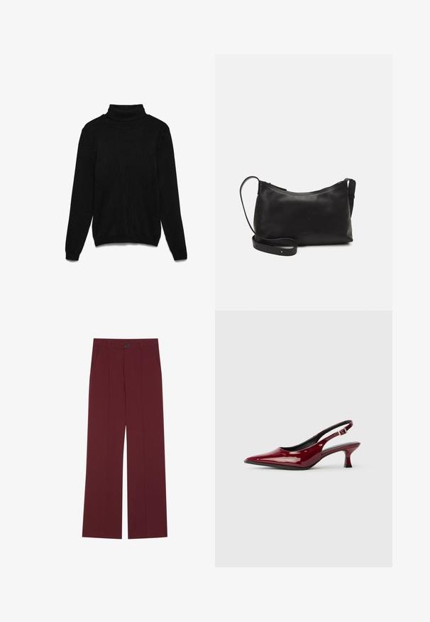 Mustast nailonist kootud kõrge kaelusega kampsun. Omab pikki varrukaid, soonikutega kraed ja lõdva istuvusega. Puuduvad nähtavad mustrid või aksendid.; Burgundi värvi laiad jalad püksid, nupuga kinnitamine, kaks külgtaskut ja kortsus esiosa. Sile kangatekstuur.; Burgundia läikivast nahast slingback-kontsaga kingad, millel on terav varvas ja stiilne stiletto-tald. Avatud tagaosa disain koos reguleeritava pahkluu rihmaga.; Mustmust nahk õlakotil on sile tekstuur, kumer kuju, reguleeritav rihm ja lukuga sulgemine. Minimalistlik disain ilma kaunistusteta.