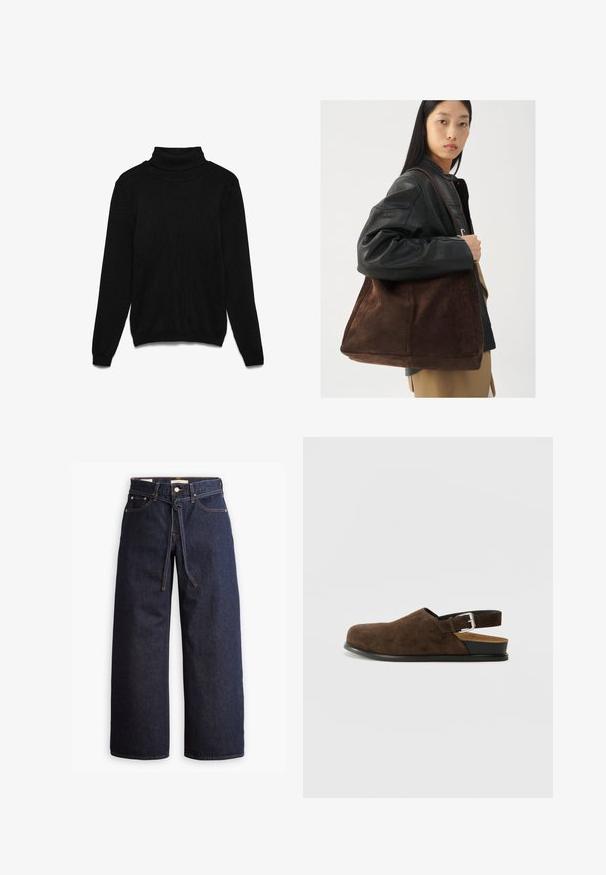 Fekete garbó pulóver kötött anyagból. Hosszú ujjú, bordázott gallérú, és laza fazonú. Nincs rajta semmilyen minta vagy díszítés.; Széles lábú, sötétkék farmernadrág magas derékkal, húzózsinórral, öt zsebbel és kontrasztos varrással.; Barna szarvasbőr slip-on cipő alacsony sarokkal, állítható pánttal ezüst csattal és fekete gumitalppal.; Barna velúr válltáska széles formával és puha textúrával, egyetlen pánttal és minimális fémalkatrészekkel egy semleges háttér előtt.