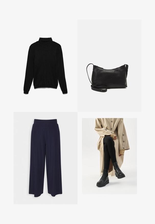 Melnas augstu piegrieztas džempera džemperis no adīta auduma. Ar garām piedurknēm, riboto apkakli un brīvu piegriezumu. Nav redzamu rakstu vai akcentu.; Platas kājas bikses tumši zilā audumā ar svītrainu tekstūru. Aprīkotas ar gludu jostasvietu un plūstošu siluetu, sasniedzot vidus teļus.; Melnas ādas potītes zābaki ar auklīšu detaļām, paaugstināta platformas zole, un tekstūras melnas legingas, valkātas ar gaiši beidžu trenču mēteļa.; Melna ādas plecu soma ar gludu tekstūru, izliekta forma, regulējama siksna un rāvējslēdzēja aizdare. Minimālistisks dizains bez rotājumiem.