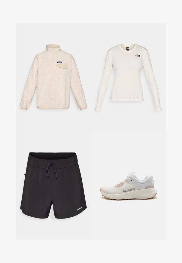 Fleece-pulloveeri off-white värviga, millel on peen geomeetriline muster. Omandab seistes kraedi, nööbiplaki ja rinna tasku klapiga.; The North Face SHADOW LONG SLEEVE - Pitkähihainen paita - white dune; Mustat uimapuvut valmistettu kevyestä kankaasta, joissa on joustava vyötärö, kiristysnauha ja sivutaskut käyttömukavuutta varten.; Kevyt Columbia urheilukenkä valkoisesta verkkokudoksesta, jossa on teksturoitu harmaa pohja ja kuminen pito. Varustettu pehmustetulla nilkkaremmillä ja nauhakiinnityksellä.