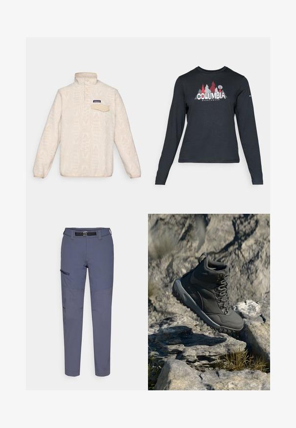 Fleece-Pullover in Cremeweiß mit einem dezenten geometrischen Muster. Verfügt über einen Stehkragen, eine Knopfleiste und eine Brusttasche mit Klappe.; Dunkelgraues Langarmshirt mit einem Grafikdesign von roten Bäumen und Bergen; das "COLUMBIA"-Logo in fett weißer Schrift. Weicher Stoff, klassischer Rundhalsausschnitt.; Leichte, marineblaue Hosen mit strapazierfähiger Textur, ausgestattet mit einem Gürtel, seitlicher Reißverschlusstasche und verstärkten unteren Bereichen.; Dunkelgrauer Wanderschuh aus synthetischem Material, mit gepolstertem Kragen, Metallösen und strukturierten Gummisohlen für besseren Halt.