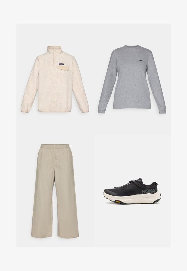 Fleece-Pullover in Cremeweiß mit einem dezenten geometrischen Muster. Verfügt über einen Stehkragen, eine Knopfleiste und eine Brusttasche mit Klappe.; Patagonia LOGO RESPONSIBILI-TEE - Langarmshirt - gravel heather; Weite Beinhosen aus leichtem beige Stoff mit einem elastischen Bund, glatter Textur und ohne sichtbare Beschläge oder Muster.; Schwarze Sportschuhe mit einem atmungsaktiven Mesh-Obermaterial, Gummisohle, weißem dämpfenden Zwischensohle und reflektierenden Schnürsenkeln. Vibram-Logo auf der Sohle.