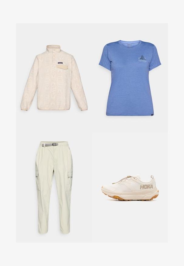 Pulover iz flisa v odtenku off-white z diskretnim geometrijskim vzorcem. Ima stoječ ovratnik, zapenjanje na gumbih in žep na prsih z preklopom.; Patagonia DAILY GRAPHIC LANDS - Športne majice - blue; Svetlo bež cargo hlače iz lahko tkanine, z elastičnim pasom in sivim pasom, stranskimi žepi ter sproščenim krojem.; HOKA TRANSPORT - Pohodniški čevlji - eggnog