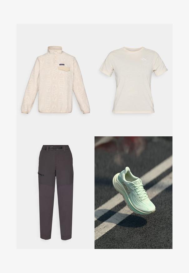 Fleece pullover in off-white with a subtle geometric pattern. Features a stand collar, button placket, and a chest pocket with flap.; Light beige short-sleeve t-shirt with a round neckline and a subtle triangular logo in white on the chest. Soft fabric with a smooth texture.; Dark gray cargo pants made of lightweight fabric, featuring a durable waistband, front zipper, and side pocket with a Velcro flap.; HOKA running shoe in light mint green, featuring a textured mesh upper, rounded toe, cushioned sole, and prominent logo on the side.