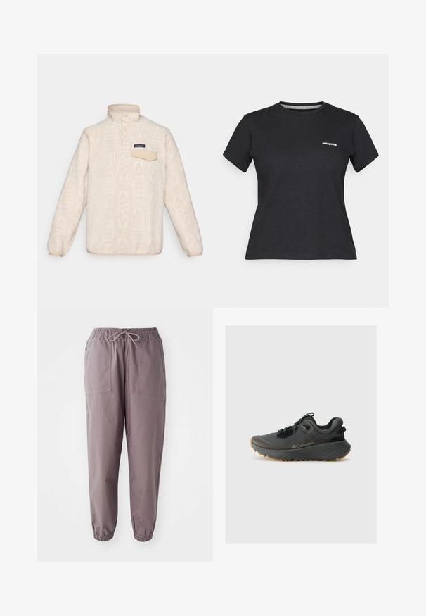 Pulover od flisa u boji perla s suptilnim geometrijskim uzorkom. Ima stajaći ovratnik, placket s gumbima i džep na prsima s preklopom.; Crna pamučna majica s okruglim izrezom i kratkim rukavima. Ima bijeli "Patagonia" logo na lijevoj strani prsa.; Sive hlače s elastičnim pojasom i vezicom, s dva prednja džepa i suženim gležnjevima, prikazane na bijeloj pozadini.; Columbia TERRASTRIDE CRZ - Obuća za pješačenje - shark/black