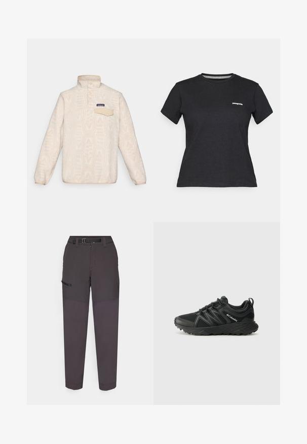 Sudadera de forro polar en color blanco roto con un sutil patrón geométrico. Presenta un cuello alzado, una tapeta de botones y un bolsillo en el pecho con solapa.; Camiseta de algodón negra con cuello redondo y mangas cortas. Presenta un logotipo blanco de "Patagonia" en el área del pecho izquierdo.; Pantalones cargo de color gris oscuro, confeccionados en tejido liviano, con una cinturilla duradera, cremallera frontal y un bolsillo lateral con solapa de Velcro.; Columbia PEAKFREAK - Zapatillas de senderismo - black