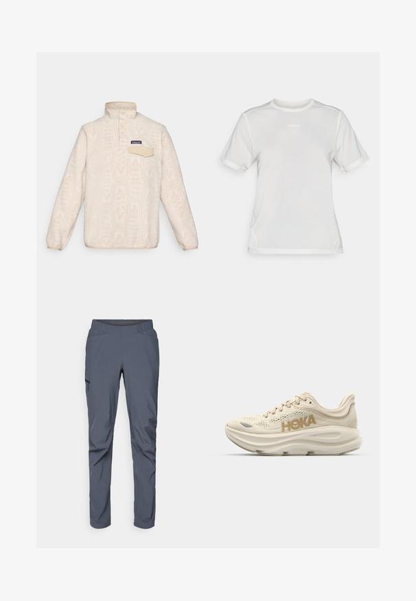 Fleece pulóver v off-white s jemným geometrickým vzorom. Má stojatý golier, gombíkovú légou a náprsné vrecko s chlopňou.; Biela športová sieťovina s krátkym rukávom a okrúhlym výstrihom s malým logom "Salomon" umiestneným v strede hrudníka.; Sivé výkonové nohavice s elastickým pásom, dvoma prednými vreckami a bočným vreckom na zips. Hladká textúra a priliehavý strih.; Svetlo béžové bežecké tenisky s vrchnou časťou z mäkkej siete, polstrovaným golierom, výrazným logom "HOKA" v zlatej farbe a hrubou, tlmiacou podrážkou pre pohodlie.